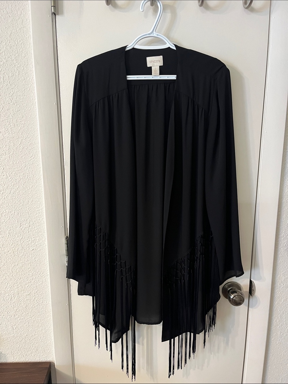 Chico's Black Fringe Open Front Cardigan